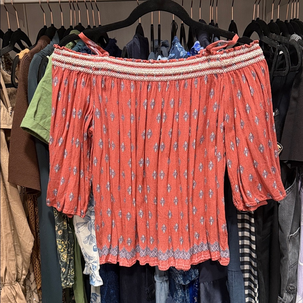 Jolt Coral Off-Shoulder Smocked Peasant Blouse